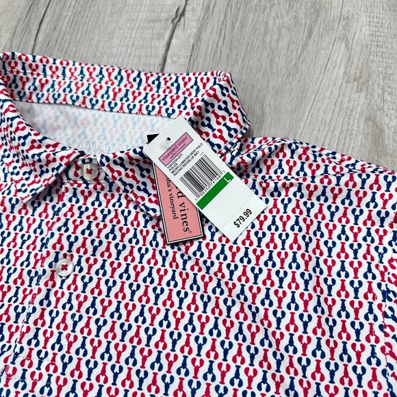 NWT Vineyard Vines Performance Polo Shirt Mens Large All Over Red Blue Lobster - Picture 5 of 10
